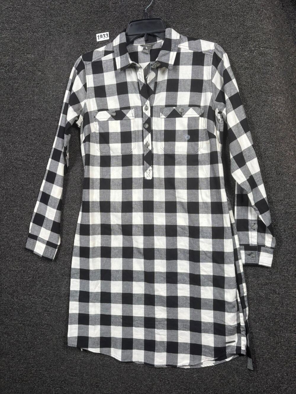 Eddie Bauer Buffalo Plaid White Black Flannel Shirt Dress Womens 2 Long Sleeve